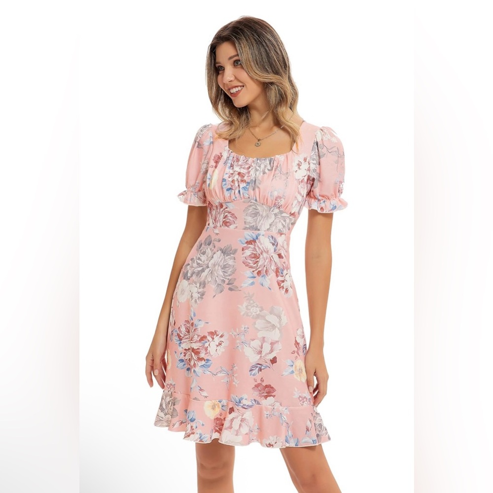 Grace Karin Floral Dress Square Neck Puff Sleeve Ruffle Stretch Womens Medium